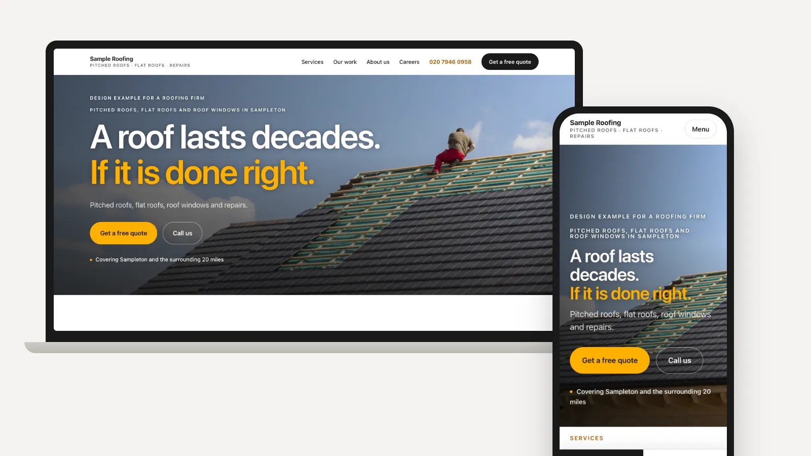 An example website for a fictional roofing business, shown on a laptop and a phone